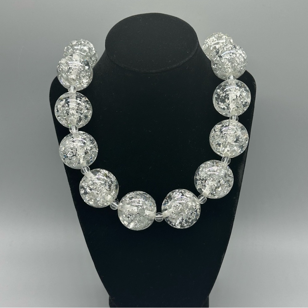 Sassy Jones Silver Tone Lucite Ball Beaded Silver Fleck 35" Necklace Statement
